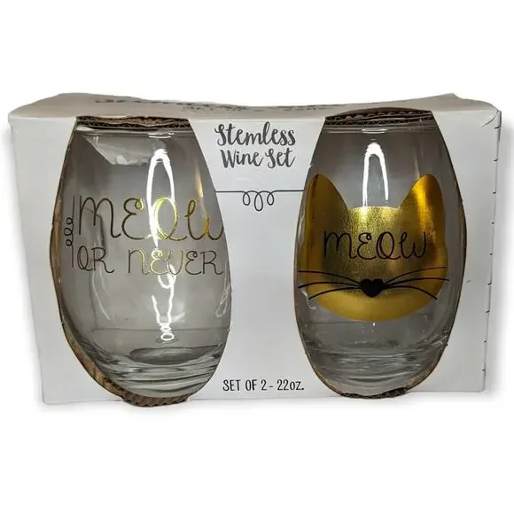 NWT Meow Or Never Gold Black Cat Kitten Stemless Wine Glass Set 22 oz - Picture 1 of 6